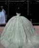 Sleeveless Sage Green Quinceanera Dress Sequin Vestidos De 15 Anos Lace Appliques V Neck Birthday Party Dress With Cape