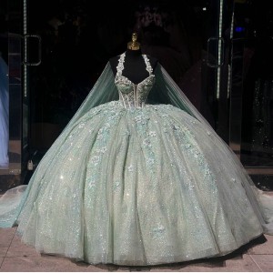 Sleeveless Sage Green Quinceanera Dress Sequin Vestidos De 15 Anos Lace Appliques V Neck Birthday Party Dress With Cape