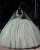 Sleeveless Sage Green Quinceanera Dress Sequin Vestidos De 15 Anos Lace Appliques V Neck Birthday Party Dress With Cape