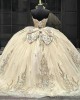 Sleeveless Vestidos De 15 Anos Champagne Quince Dress Sequin Crystal Girl Birthday Gowns Sweetheart Neck Sweet 15 Gown With Bow