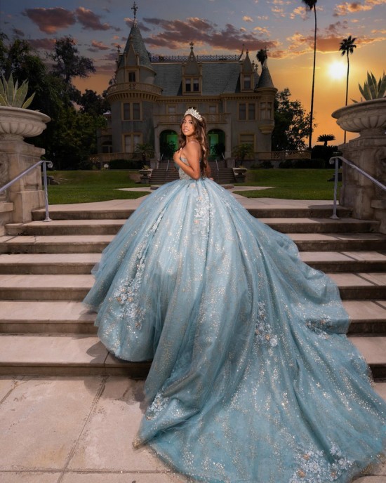 Sleeveless Aqua Blue Quinceanera Dress Sheer Bodice Sweet 15 Gowns Sequin Wear Pageant Sweetheart Neck Vestidos De 15 Anos With 3D Flowers