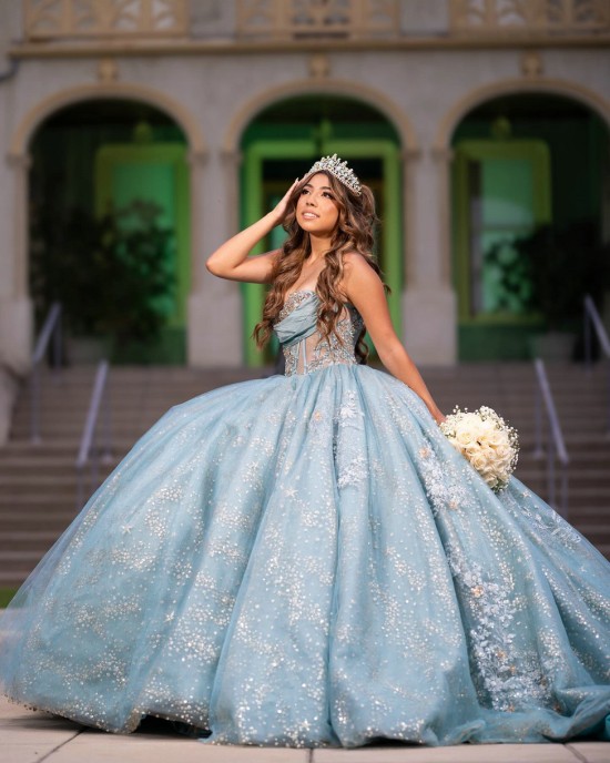 Sleeveless Aqua Blue Quinceanera Dress Sheer Bodice Sweet 15 Gowns Sequin Wear Pageant Sweetheart Neck Vestidos De 15 Anos With 3D Flowers