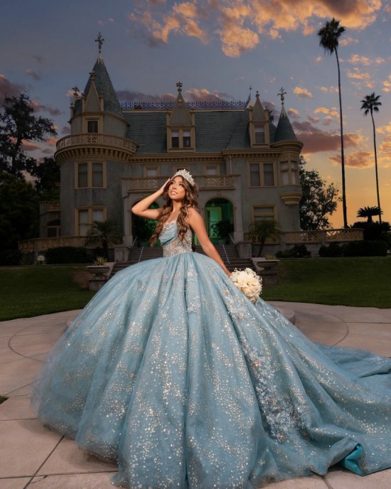 Sleeveless Aqua Blue Quinceanera Dress Sheer Bodice Sweet 15 Gowns Sequin Wear Pageant Sweetheart Neck Vestidos De 15 Anos With 3D Flowers