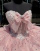 Sleeveless Crystal Vestidos De 15 Anos Pink Quinceanera Dress Sweetheart Neck Glitter Sequin Sweet 15 Gowns With Bow