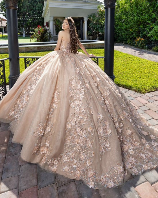 Sleeveless Nude Quinceanera Dress Crystal Birthday Party Gowns Sweetheart Neck Vestidos De 15 Anos With 3D Flowers