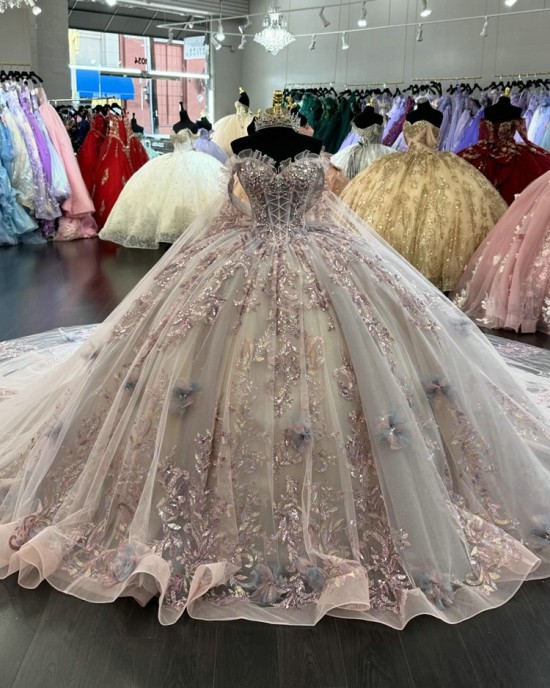 Sleeveless Pink Quinceanera Dress Sweet 15 Gowns Sequin XV Anos Lace Appliques Sweetheart Neck Vestidos De 15 Anos