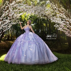 Spaghetti Strap Lilac Quinceanera Dress Sequin Lace Appliques Birthday Party Gowns Sweetheart Neck Vestidos De 15 Anos With Bow