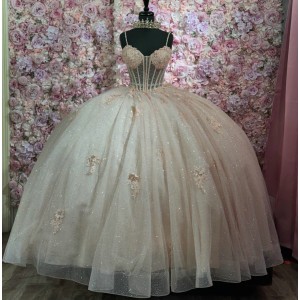 Spaghetti Strap Pink Quinceanera Dress Ball Gown Lace Applique Sweetheart Neck Sweet 16 Vestido De 15 Anos