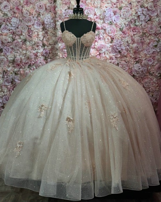 Spaghetti Strap Pink Quinceanera Dress Ball Gown Lace Applique Sweetheart Neck Sweet 16 Vestido De 15 Anos