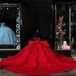 Sparkly Bright Red Off The Shoulder Quinceanera Dress With Cascading Details