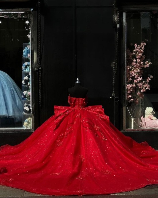 Sparkly Bright Red Off The Shoulder Quinceanera Dress With Cascading Details