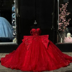 Sparkly Bright Red Off The Shoulder Quinceanera Dress With Cascading Details