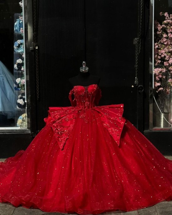 Sparkly Bright Red Off The Shoulder Quinceanera Dress With Cascading Details