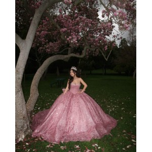 Strapless Corset Pink Quinceanera Dresses 2024 Sparkly Sweet 15 Dress