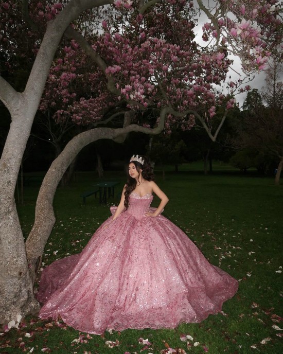 Strapless Corset Pink Quinceanera Dresses 2024 Sparkly Sweet 15 Dress