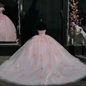 Strapless Pearl Pink Quinceanera Dress Lace Beaded Sweet 16 Dress