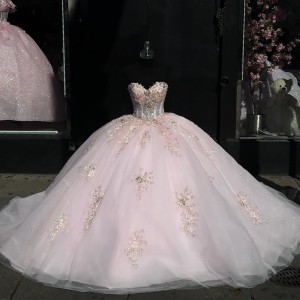 Strapless Pearl Pink Quinceanera Dress Lace Beaded Sweet 16 Dress