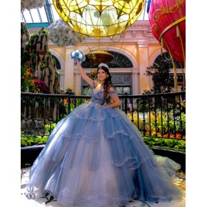 Strapless Gray Blue Quinceanera Dress Sequin Crystal Birthday Party Gowns Sweetheart Neck Tiered Vestidos De 15 Anos