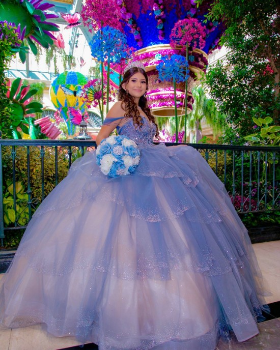 Strapless Gray Blue Quinceanera Dress Sequin Crystal Birthday Party Gowns Sweetheart Neck Tiered Vestidos De 15 Anos