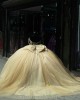 Sweetheart Neck Champagne Quince Dress Sheer Bodice Wear Pageant Off Shoulder Vestidos De 15 Anos Sequin Instagram Gowns With Bow