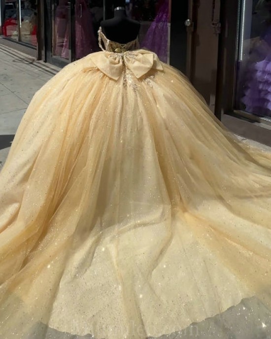 Sweetheart Neck Champagne Quince Dress Sheer Bodice Wear Pageant Off Shoulder Vestidos De 15 Anos Sequin Instagram Gowns With Bow