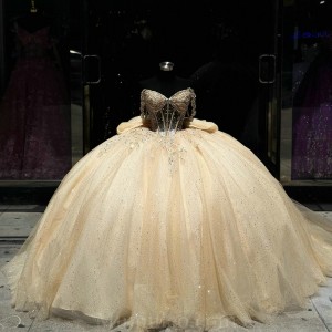 Sweetheart Neck Champagne Quince Dress Sheer Bodice Wear Pageant Off Shoulder Vestidos De 15 Anos Sequin Instagram Gowns With Bow