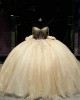 Sweetheart Neck Champagne Quince Dress Sheer Bodice Wear Pageant Off Shoulder Vestidos De 15 Anos Sequin Instagram Gowns With Bow