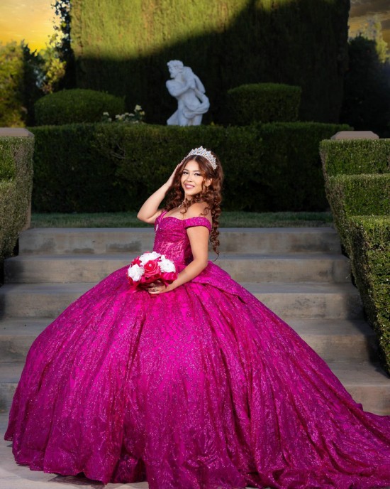 Sweetheart Neck Fuchsia Quinceanera Dress Sequin Vestidos De 15 Anos Off Shoulder Instagram Gown