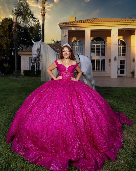 Sweetheart Neck Fuchsia Quinceanera Dress Sequin Vestidos De 15 Anos Off Shoulder Instagram Gown