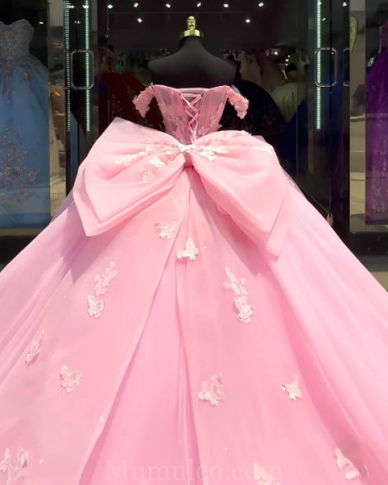 Sweetheart Neck Pink Quince Dress Sheer Bodice Wear Pageant Off Shoulder Vestidos De 15 Anos Pearl Instagram Gowns With 3D Butterfly