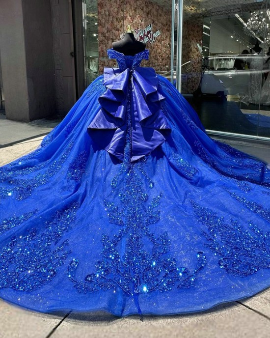 Sweetheart Neck Blue Quinceanera Dress Sweet 15 Gowns Sequin XV Anos Lace Appliques Off Shoulder Vestidos De 15 Anos With Bow