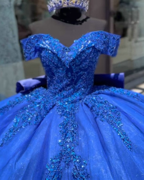 Sweetheart Neck Blue Quinceanera Dress Sweet 15 Gowns Sequin XV Anos Lace Appliques Off Shoulder Vestidos De 15 Anos With Bow