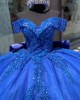 Sweetheart Neck Blue Quinceanera Dress Sweet 15 Gowns Sequin XV Anos Lace Appliques Off Shoulder Vestidos De 15 Anos With Bow