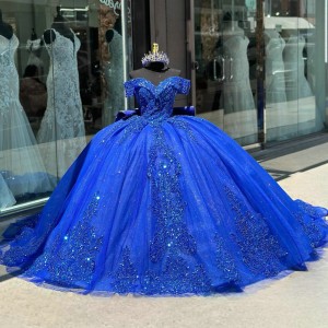 Sweetheart Neck Blue Quinceanera Dress Sweet 15 Gowns Sequin XV Anos Lace Appliques Off Shoulder Vestidos De 15 Anos With Bow