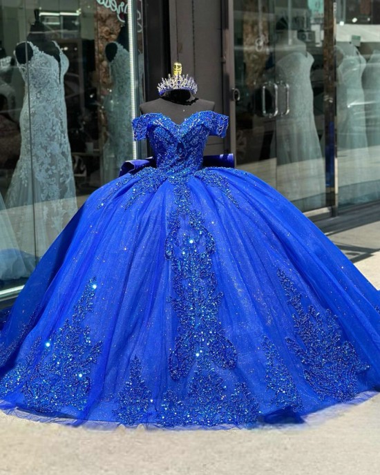 Sweetheart Neck Blue Quinceanera Dress Sweet 15 Gowns Sequin XV Anos Lace Appliques Off Shoulder Vestidos De 15 Anos With Bow