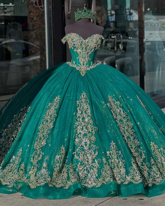 Sweetheart Neck Emerald Green Quinceanera Dresses Ball Gown Sparkly Sweet 16 Dresses 15 Anos