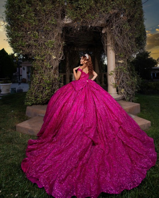 Sweetheart Neck Fuchsia Quinceanera Dress Sequin Vestidos De 15 Anos Off Shoulder Instagram Gown