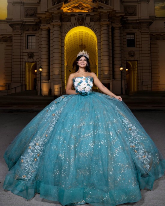 Sweetheart Neck Quinceanera Dress Aqua Blue Vestidos De 15 Anos Sleeveless Sequin Sweet 15 Gowns With 3D Flowers