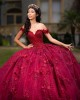 Sweetheart Neck Quinceanera Dress Red Vestidos De 15 Anos Off Shoulder Sequin Sweet 15 Gowns With 3D Flowers