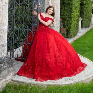 Sweetheart Neck Vestidos De 15 Anos Red Quinceanera Dress Off Shoulder Sweet 15 Gowns With 3D Flowers