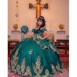 Tiered Emerald Green Quinceanera Dress Sweetheart Neck  Off Shoulder Vestidos De 15 Anos Sequin Girls Princess Dress