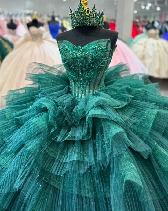 Tiered Green Quinceanera Dress Ball Gown Floral Applique Corset Sweet 16 Vestido De 15 Anos