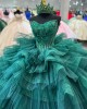 Tiered Green Quinceanera Dress Ball Gown Floral Applique Corset Sweet 16 Vestido De 15 Anos