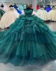 Tiered Green Quinceanera Dress Ball Gown Floral Applique Corset Sweet 16 Vestido De 15 Anos