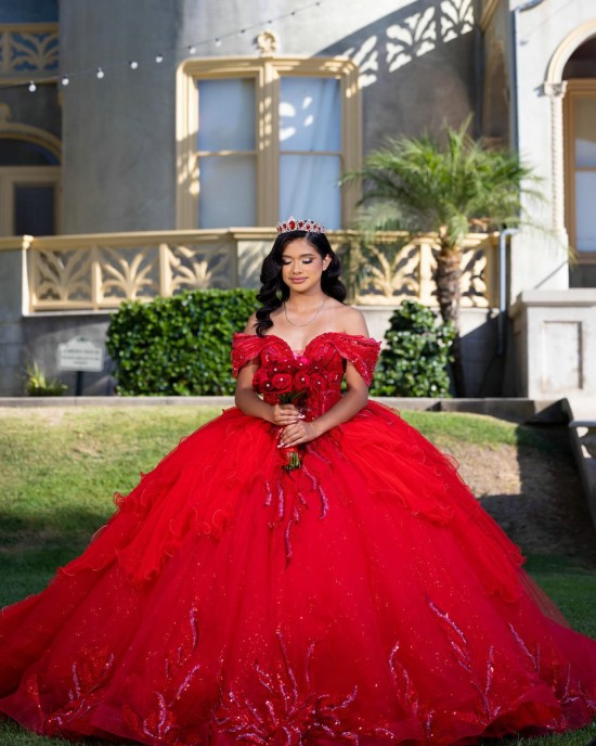 Tiered Off Shoulder Quince Dress Red Vestidos De 15 Anos Sweetheart Neck Birthday Party Dress