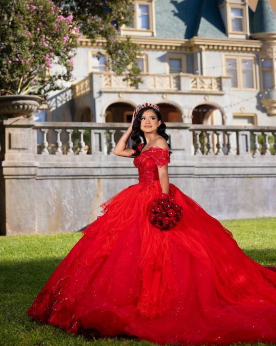 Tiered Off Shoulder Quince Dress Red Vestidos De 15 Anos Sweetheart Neck Birthday Party Dress