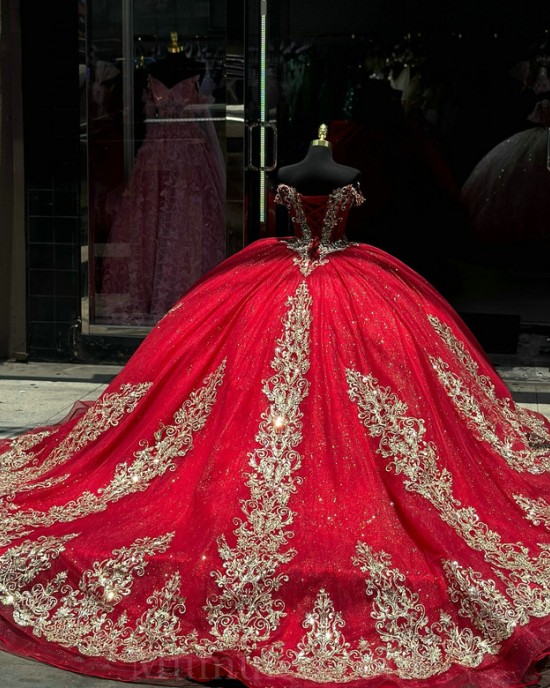 V Neck Red Quince Dress Lace Appliques Wear Pageant Off Shoulder Vestidos De 15 Anos Sequin Instagram Gowns