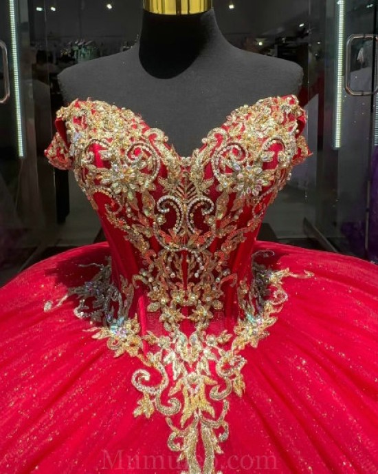 V Neck Red Quince Dress Lace Appliques Wear Pageant Off Shoulder Vestidos De 15 Anos Sequin Instagram Gowns