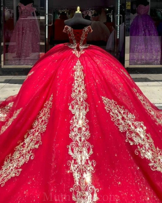 V Neck Red Quince Dress Lace Appliques Wear Pageant Off Shoulder Vestidos De 15 Anos Sequin Instagram Gowns