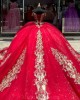 V Neck Red Quince Dress Lace Appliques Wear Pageant Off Shoulder Vestidos De 15 Anos Sequin Instagram Gowns